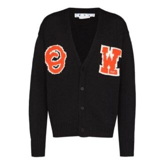 Cardigan en maille à col en V et intarsia logo, coupe ample, noir