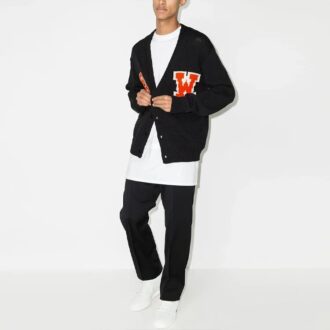 Cardigan en maille à col en V et intarsia logo, coupe ample, noir