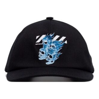 Casquette pour homme noire avec applique crâne flammes bleues