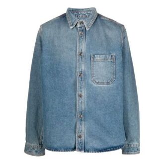 Chemise longue à manches longues en denim délavé décontractée pour homme Off-White FW21, coupe ample, bleue