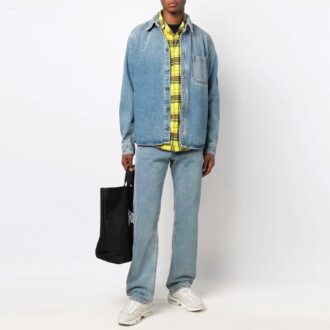 Chemise longue à manches longues en denim délavé décontractée pour homme Off-White FW21, coupe ample, bleue