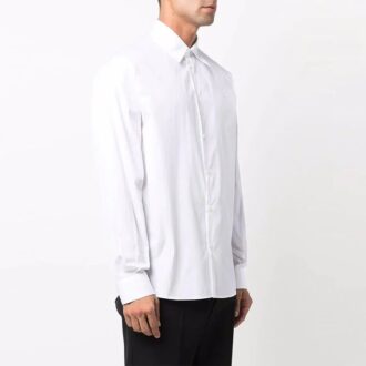 Chemise à manches longues, col à revers, couleur unie et logo, version blanche