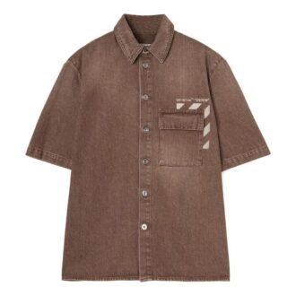 Chemise Off-White pour homme, couleur unie, à manches courtes et poches, version marron