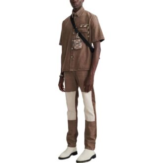Chemise Off-White pour homme, couleur unie, à manches courtes et poches, version marron