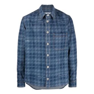 Chemise Off-White pour homme SS22 à manches longues, col fermé, imprimé logo sur le dos et motif à carreaux, version ordinaire, bleu