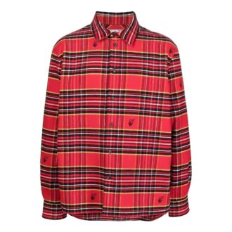 Chemise rouge à manches longues et coupe ample Off-White pour homme, collection printemps-été 2022, avec logo brodé à carreaux sur le revers