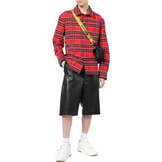 Chemise rouge à manches longues et coupe ample Off-White pour homme, collection printemps-été 2022, avec logo brodé à carreaux sur le revers