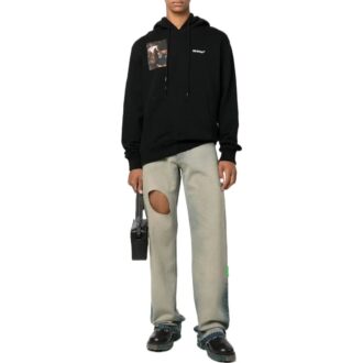 Homme Off-White FW22 T-shirt à capuche à manches longues ample avec imprimé de personnage Noir