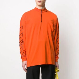Off-White – Chemise homme à manches courtes, col rond, coupe ample, imprimé logo abstrait, demi-fermeture éclair, orange