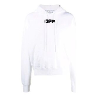 Off-White Homme FW21 Sweat à capuche avec cordon de serrage et logo imprimé sur la poitrine, manches longues, coupe ample, blanc Off-White Homme FW21 Sweat à capuche avec cordon de serrage et logo imprimé sur la poitrine, manches longues, coupe ample, blanc