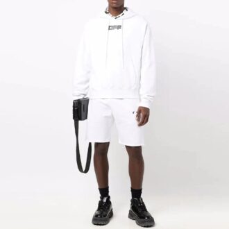Off-White Homme FW21 Sweat à capuche avec cordon de serrage et logo imprimé sur la poitrine, manches longues, coupe ample, blanc Off-White Homme FW21 Sweat à capuche avec cordon de serrage et logo imprimé sur la poitrine, manches longues, coupe ample, blanc