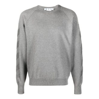 Off-White Homme FW22 Pull à col rond avec logo flèche rayé, version gris Off-White Homme FW22 Pull à col rond avec logo flèche rayé, version gris