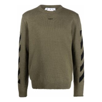 Off-White Homme FW22 Pull en laine confortable à col rond et imprimé Arrows, vert militaire Off-White Homme FW22 Pull en laine confortable à col rond et imprimé Arrows, vert militaire