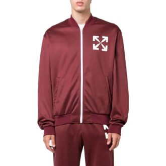 Off-White Homme FW22 Veste décontractée à fermeture éclair et motif Arrows, coupe ample, rouge Off-White Homme FW22 Veste décontractée à fermeture éclair et motif Arrows, coupe ample, rouge