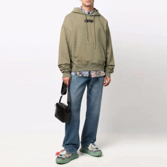 Off-White Hommes FW21 Sweat à capuche avec cordon de serrage et logo sur la poitrine, manches longues, coupe ample, vert Off-White Hommes FW21 Sweat à capuche avec cordon de serrage et logo sur la poitrine, manches longues, coupe ample, vert