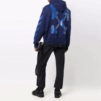 Off-White Short pour homme FW21 à motif flèche emblématique, cordon de serrage, coupe ample, bleu