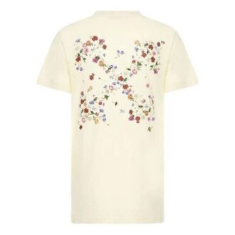 Off-White SS21 T-shirt à manches courtes blanc crème avec fleurs brodées et flèche Off-White SS21 T-shirt à manches courtes blanc crème avec fleurs brodées et flèche