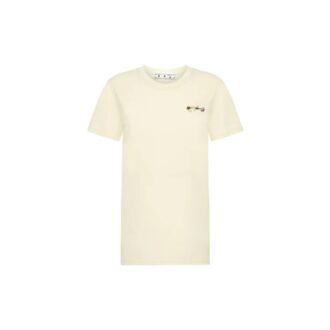 Off-White SS21 T-shirt à manches courtes blanc crème avec fleurs brodées et flèche Off-White SS21 T-shirt à manches courtes blanc crème avec fleurs brodées et flèche