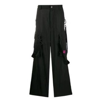 Pantalon cargo long brodé, coupe ample, noir