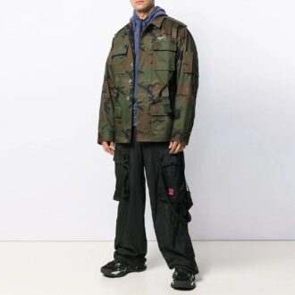 Pantalon cargo long brodé, coupe ample, noir
