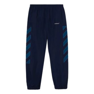 Pantalon de sport décontracté pour homme Off-White SS22 à imprimé logo et rayures, bleu marine Pantalon de sport décontracté pour homme Off-White SS22 à imprimé logo et rayures, bleu marine