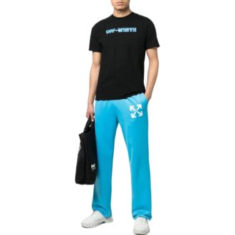 Pantalon de sport droit pour homme Off-White SS22, couleur unie, imprimé logo, coupe slim, bleu Pantalon de sport droit pour homme Off-White SS22, couleur unie, imprimé logo, coupe slim, bleu