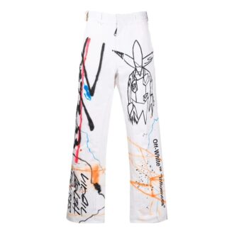Pantalon droit décontracté taille haute Off-White pour homme FW22 avec imprimé graffiti, version blanche