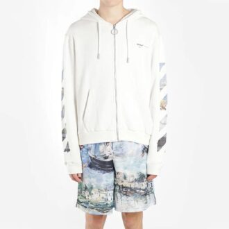 Polaire à capuche zippée avec imprimé flèche pour homme, blanche