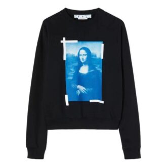 Pull à col rond en coton imprimé Mona Lisa pour homme Off-White, noir