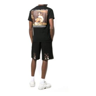 Pull à col rond et manches courtes Off-White pour homme SS22 Caravaggio avec imprimé alphabétique, version standard, noir Pull à col rond et manches courtes Off-White pour homme SS22 Caravaggio avec imprimé alphabétique, version standard, noir