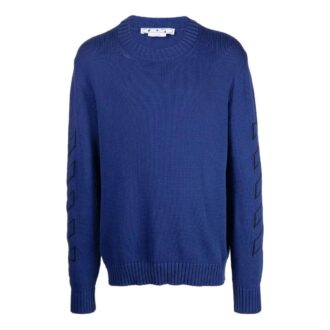 Pull en laine bleu à col rond et manches longues Off-White pour homme, collection automne-hiver 2022, motif géométrique et intarsia Pull en laine bleu à col rond et manches longues Off-White pour homme, collection automne-hiver 2022, motif géométrique et intarsia