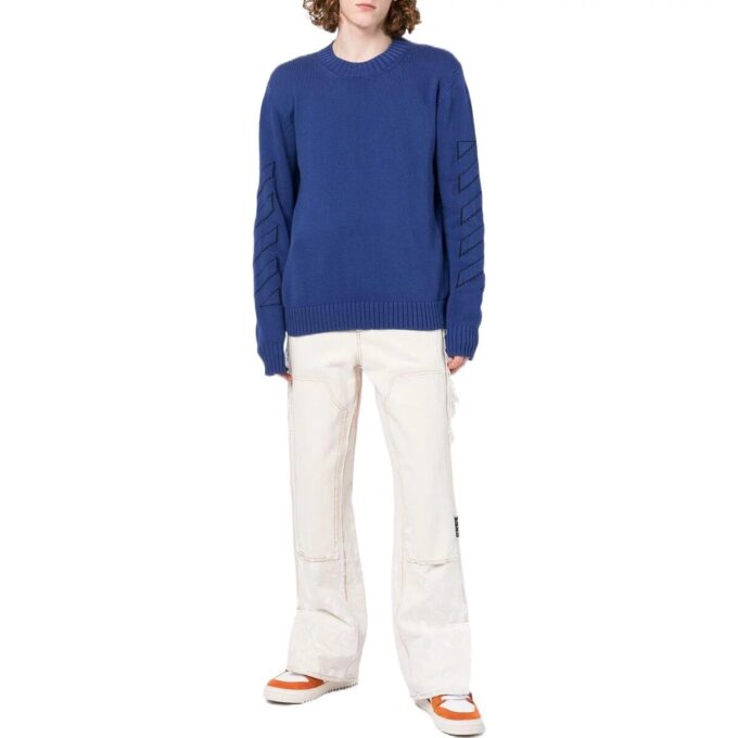 Pull en laine bleu à col rond et manches longues Off-White pour homme, collection automne-hiver 2022, motif géométrique et intarsia