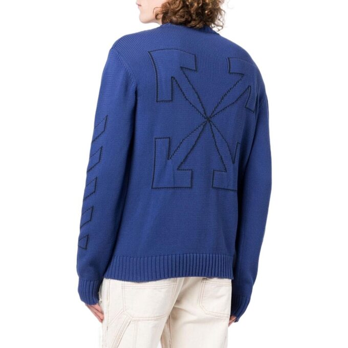 Pull en laine bleu à col rond et manches longues Off-White pour homme, collection automne-hiver 2022, motif géométrique et intarsia