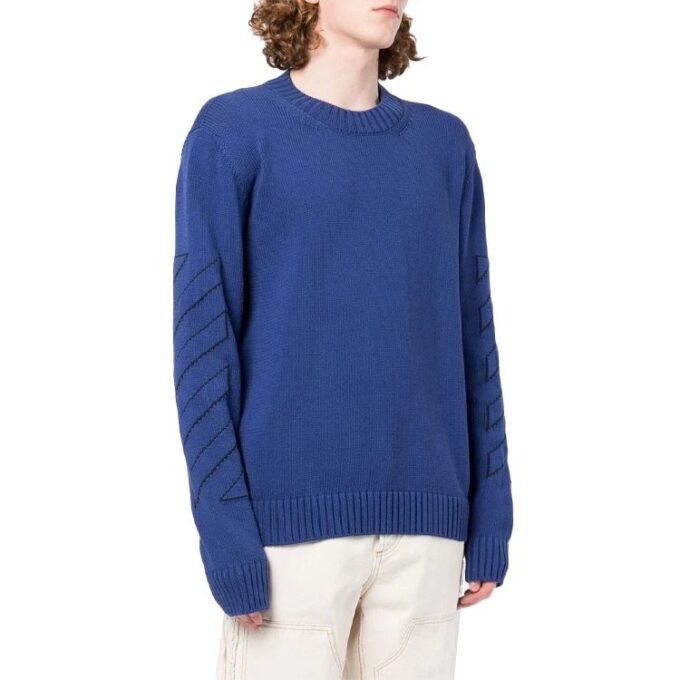 Pull en laine bleu à col rond et manches longues Off-White pour homme, collection automne-hiver 2022, motif géométrique et intarsia
