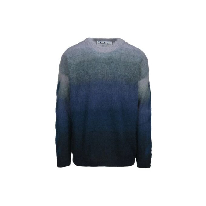 Pull en laine bleu à col rond et manches longues pour homme Off-White, coupe ample, effet dégradé