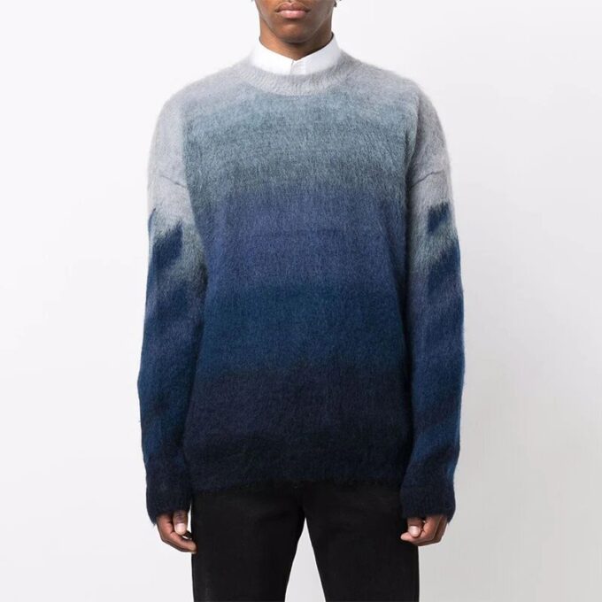 Pull en laine bleu à col rond et manches longues pour homme Off-White, coupe ample, effet dégradé