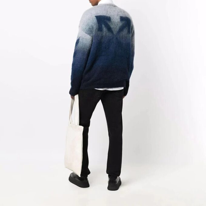Pull en laine bleu à col rond et manches longues pour homme Off-White, coupe ample, effet dégradé
