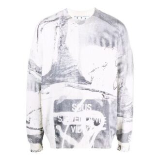 Pull en laine à col rond et imprimé abstrait Off-White pour homme, collection automne-hiver 2021, coupe ample, blanc Pull en laine à col rond et imprimé abstrait Off-White pour homme, collection automne-hiver 2021, coupe ample, blanc