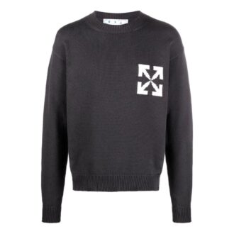 Pull en laine à col rond et intarsia avec logo Off-White pour homme FW22, coupe ample, noir Pull en laine à col rond et intarsia avec logo Off-White pour homme FW22, coupe ample, noir