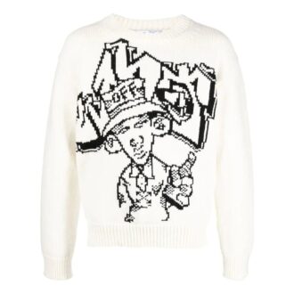 Pull en laine à col rond et manches longues Off-White pour homme, collection automne-hiver 2022, motif intarsia, coupe ample, blanc Pull en laine à col rond et manches longues Off-White pour homme, collection automne-hiver 2022, motif intarsia, coupe ample, blanc