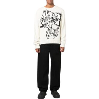 Pull en laine à col rond et manches longues Off-White pour homme, collection automne-hiver 2022, motif intarsia, coupe ample, blanc Pull en laine à col rond et manches longues Off-White pour homme, collection automne-hiver 2022, motif intarsia, coupe ample, blanc