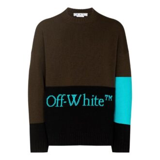 Pull en laine à col rond et manches longues Off-White pour homme, collection automne-hiver 2022, motif intarsia et logo color-block, version marron foncé Pull en laine à col rond et manches longues Off-White pour homme, collection automne-hiver 2022, motif intarsia et logo color-block, version marron foncé