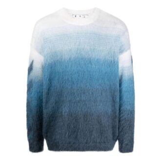 Pull en laine à col rond et manches longues Off-White pour homme, collection SS22, imprimé à rayures dégradées, version bleue Pull en laine à col rond et manches longues Off-White pour homme, collection SS22, imprimé à rayures dégradées, version bleue