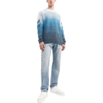 Pull en laine à col rond et manches longues Off-White pour homme, collection SS22, imprimé à rayures dégradées, version bleue Pull en laine à col rond et manches longues Off-White pour homme, collection SS22, imprimé à rayures dégradées, version bleue
