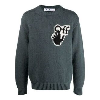 Pull en laine à col rond et manches longues pour homme Off-White FW21, motif intarsia sur la poitrine, logo, coupe ample, vert Pull en laine à col rond et manches longues pour homme Off-White FW21, motif intarsia sur la poitrine, logo, coupe ample, vert