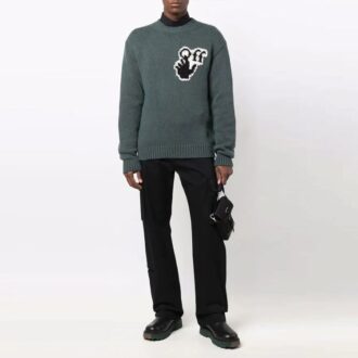 Pull en laine à col rond et manches longues pour homme Off-White FW21, motif intarsia sur la poitrine, logo, coupe ample, vert Pull en laine à col rond et manches longues pour homme Off-White FW21, motif intarsia sur la poitrine, logo, coupe ample, vert
