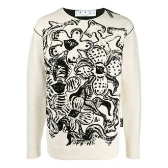 Pull en laine à col rond et motif jacquard floral Off-White pour homme FW22, version blanche Pull en laine à col rond et motif jacquard floral Off-White pour homme FW22, version blanche