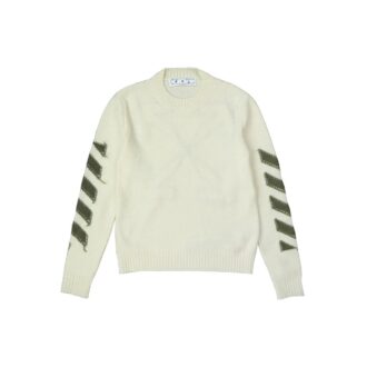 Pull en laine à col rond Off-White pour homme FW21 avec logo Arrows, coupe ample, blanc laiteux Pull en laine à col rond Off-White pour homme FW21 avec logo Arrows, coupe ample, blanc laiteux