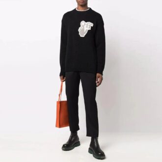 Pull en laine à col rond Off-White pour homme FW21 avec logo « Hands Off » et lettres de l’alphabet, coupe ample, noir Pull en laine à col rond Off-White pour homme FW21 avec logo « Hands Off » et lettres de l’alphabet, coupe ample, noir