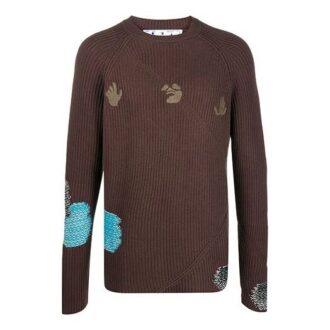 Pull en laine à côtes brodé Off-White pour homme, marron Pull en laine à côtes brodé Off-White pour homme, marron